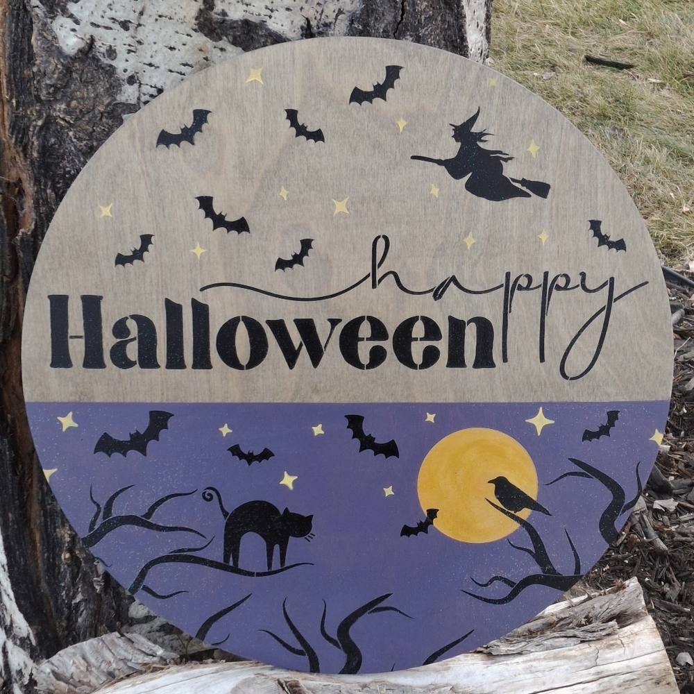 Happy Halloween Painted Door Hanger Witchy Entryway Porch Sign Wall Hanging